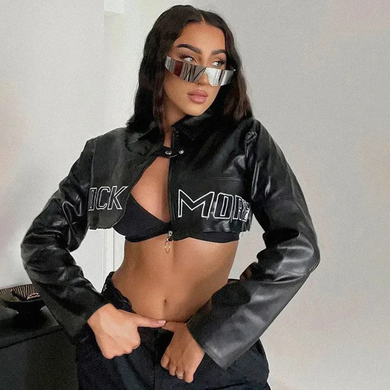 Black PU Leather Biker Jacket with Zip Closure and Long Sleeves for Women - Chic Cropped Coat with Letter Print for Spring High Street Fashion
