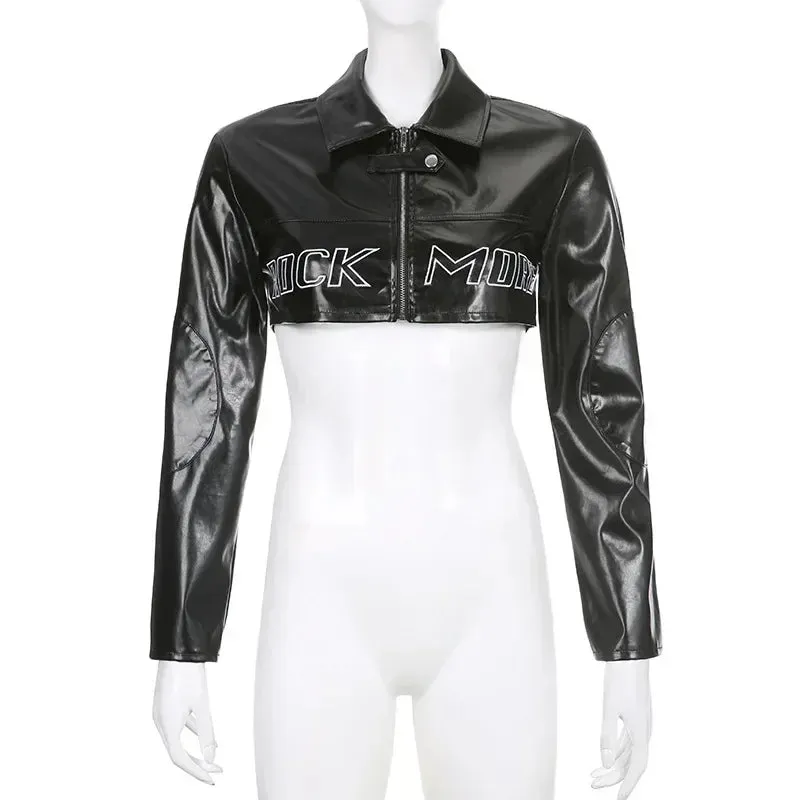 Black PU Leather Biker Jacket with Zip Closure and Long Sleeves for Women - Chic Cropped Coat with Letter Print for Spring High Street Fashion