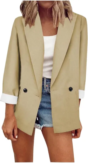 Blazer Jacket for Women Long Sleeve Stretchy Work Office Blazers Open Front Lapel Button Suit Jackets with Pockets