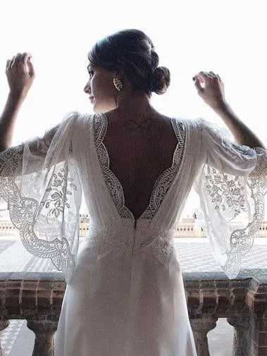 Boho Half Sleeves With Lace Chiffon Beach Wedding Dress