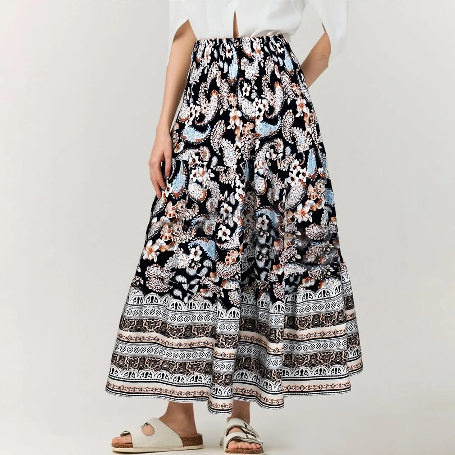 Boho Maxi Skirts for Women,2025 Summer Flowy High Waist A Line Vacation Skirt Elegant Pleated Floral Beach Skirts