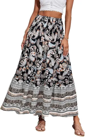 Boho Maxi Skirts for Women,2025 Summer Flowy High Waist A Line Vacation Skirt Elegant Pleated Floral Beach Skirts