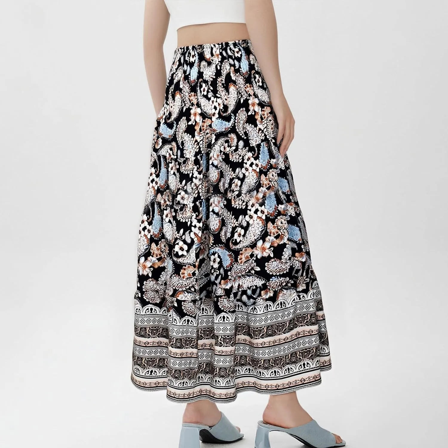 Boho Maxi Skirts for Women,2025 Summer Flowy High Waist A Line Vacation Skirt Elegant Pleated Floral Beach Skirts