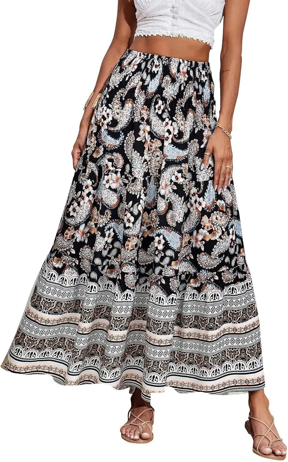 Boho Maxi Skirts for Women,2025 Summer Flowy High Waist A Line Vacation Skirt Elegant Pleated Floral Beach Skirts