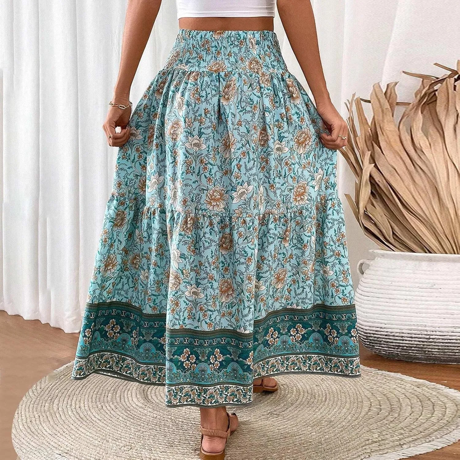 Boho Skirts for Women,2025 Summer Flowy High Waist A Line Maxi Skirt Elegant Pleated Floral Beach Outfits