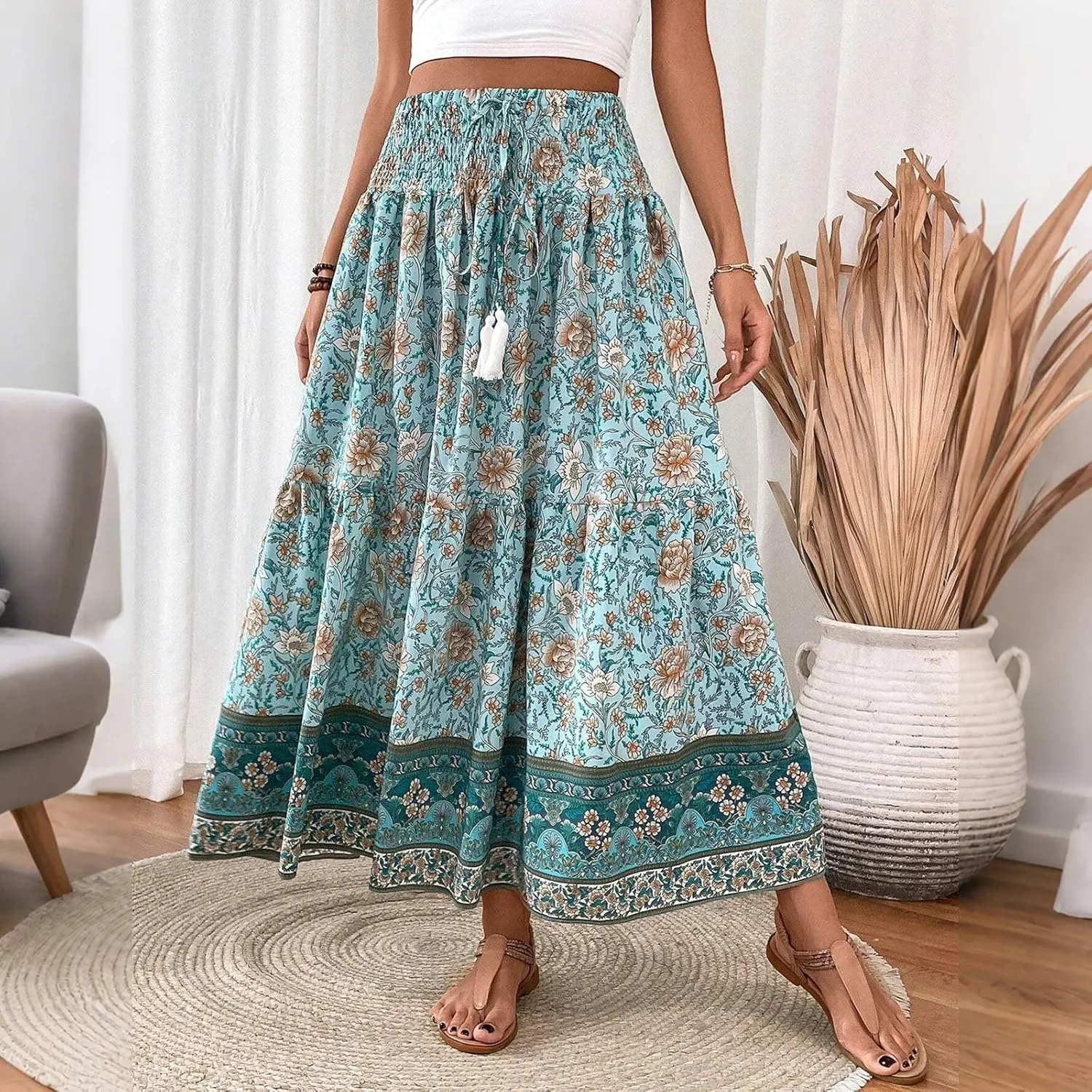 Boho Skirts for Women,2025 Summer Flowy High Waist A Line Maxi Skirt Elegant Pleated Floral Beach Outfits