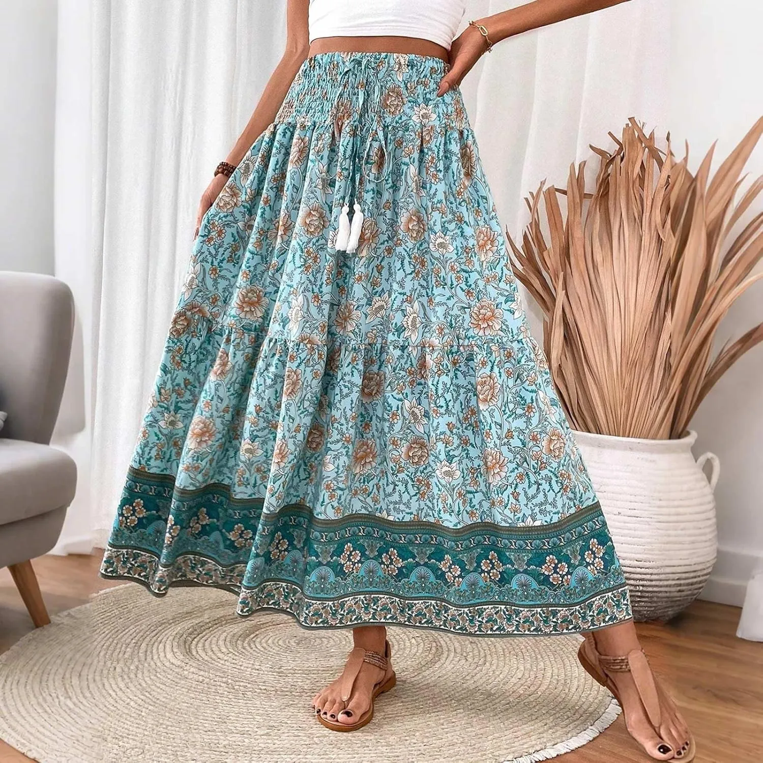 Boho Skirts for Women,2025 Summer Flowy High Waist A Line Maxi Skirt Elegant Pleated Floral Beach Outfits