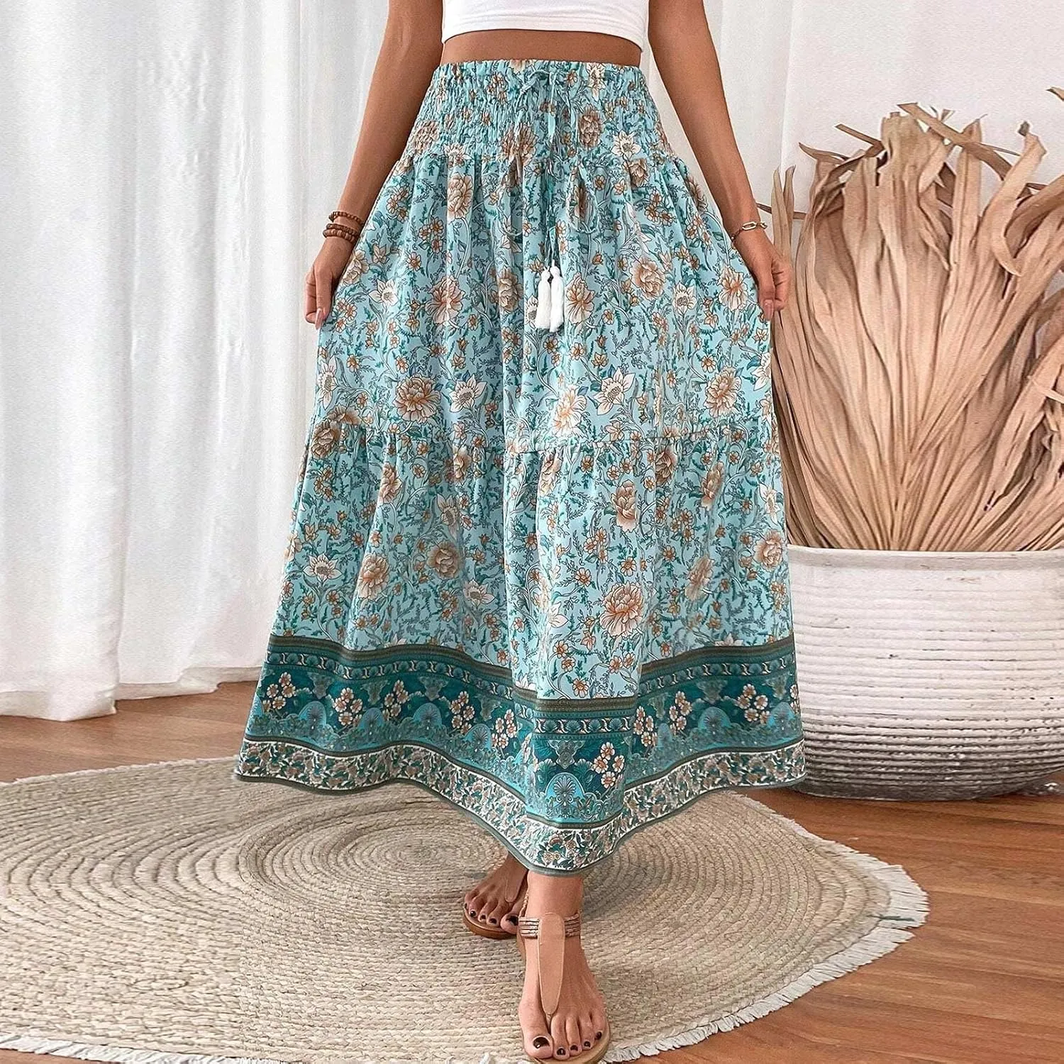 Boho Skirts for Women,2025 Summer Flowy High Waist A Line Maxi Skirt Elegant Pleated Floral Beach Outfits