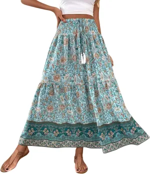 Boho Skirts for Women,2025 Summer Flowy High Waist A Line Maxi Skirt Elegant Pleated Floral Beach Outfits