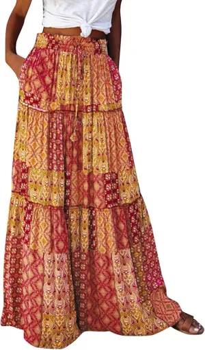Boho Womens Tiered High Waist Tie Paisley Floral Print Long Maxi Skirt with Pockets