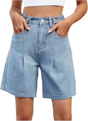 Borniu Jean Shorts for Women Trendy High Waisted Stretchy Denim Summer Casual Long Shorts Fashion Solid Color Y2K Jeans