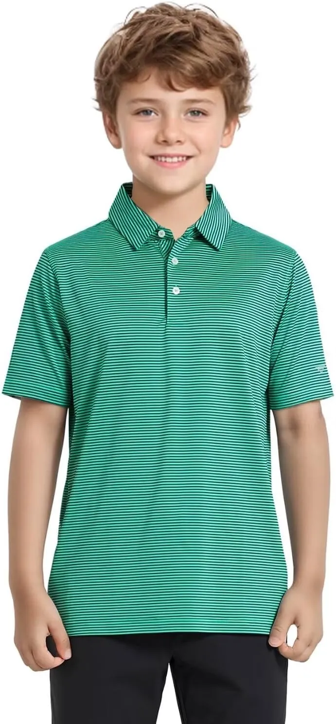 Boys Polo Shirts Short Sleeve Striped Performance Moisture Wicking Dry Fit Golf Shirts for Boys Youth Kids