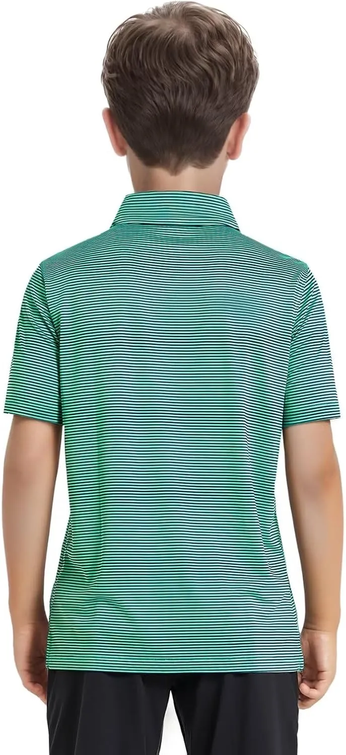 Boys Polo Shirts Short Sleeve Striped Performance Moisture Wicking Dry Fit Golf Shirts for Boys Youth Kids