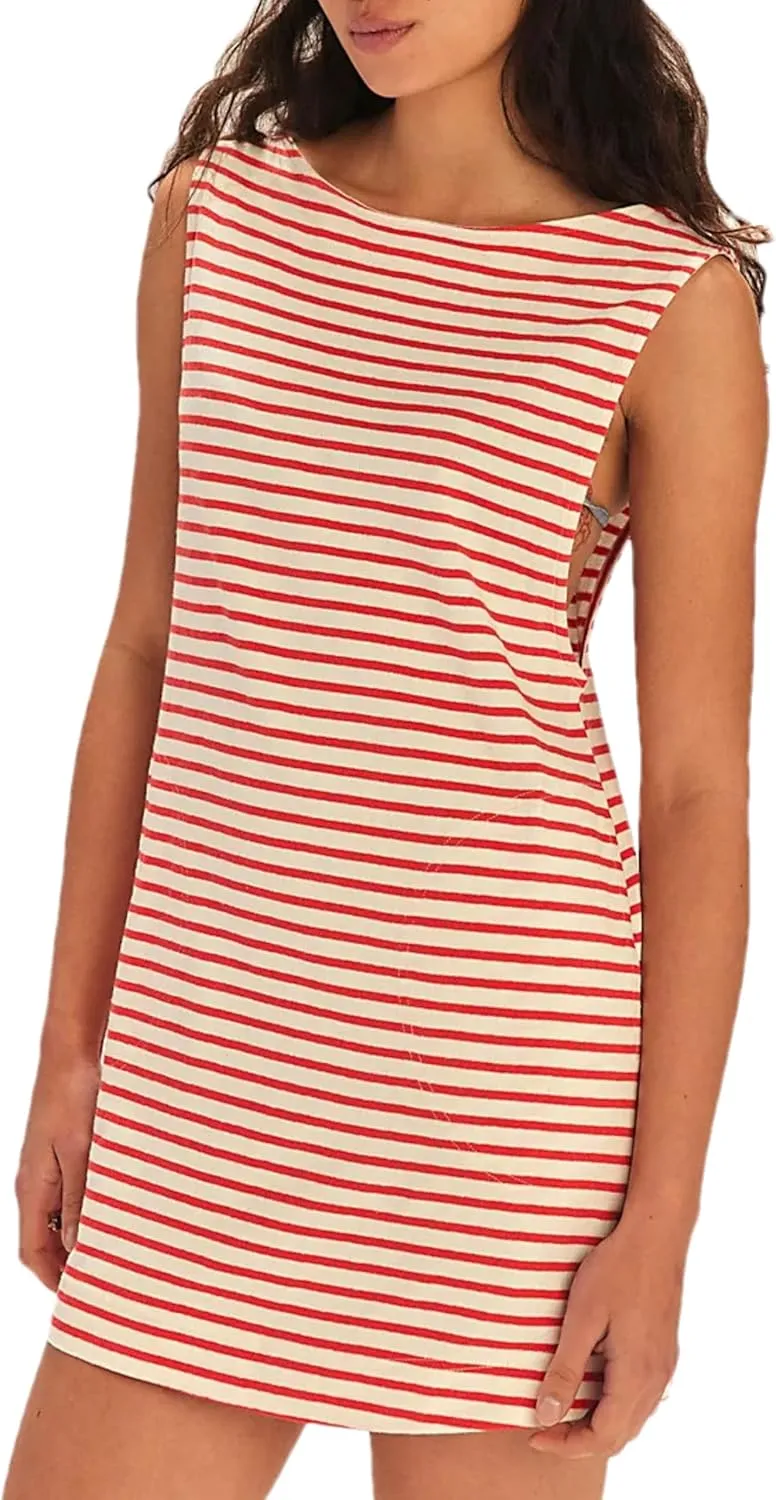Bozanly Summer Sleeveless Striped Dresses for Women 2025 Cute Beach Mini Tank Sundresses with Pockets