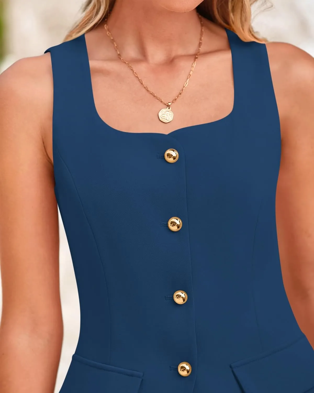 BTFBM Womens Sleeveless Suit Vests Dressy Casual Square Neck Business Work Waistcoat Summer Button Up Blazer Vest Tops