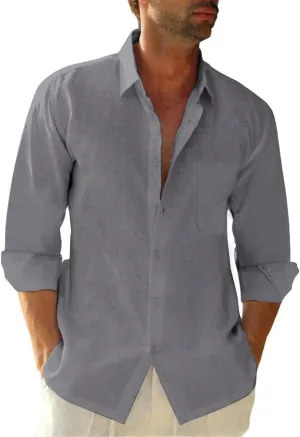 Button Down Linen Shirts for Men Casual Long Sleeve Regular Fit Cotton Beach Shirts with Pocket