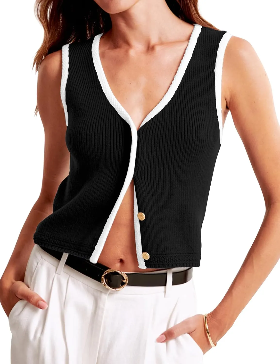 Button Up Sweater Vest for Women 2024 V Neck Sleeveless Tank Tops Cardigan Vests