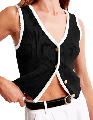 Button Up Sweater Vest for Women 2024 V Neck Sleeveless Tank Tops Cardigan Vests