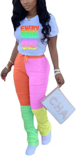 Casual 2 Piece Outfit Sets for Women Color Block Short Sleeve T-Shirts   Stacked Flare Pants Tracksuit Sweatsuit