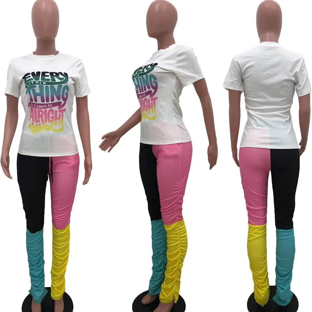 Casual 2 Piece Outfit Sets for Women Color Block Short Sleeve T-Shirts   Stacked Flare Pants Tracksuit Sweatsuit