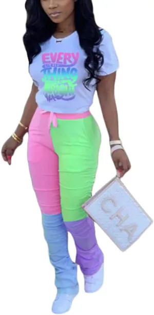 Casual 2 Piece Outfit Sets for Women Color Block Short Sleeve T-Shirts   Stacked Flare Pants Tracksuit Sweatsuit