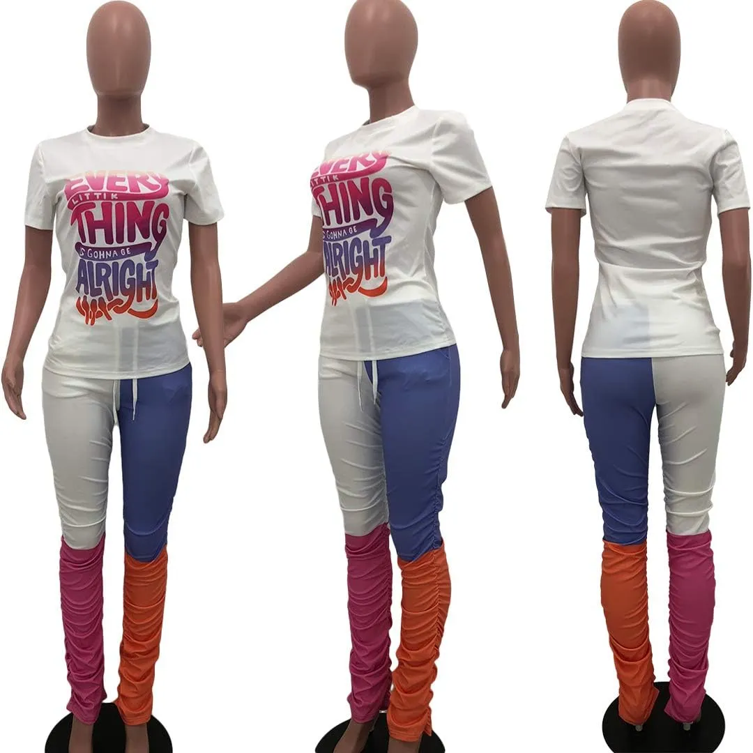 Casual 2 Piece Outfit Sets for Women Color Block Short Sleeve T-Shirts   Stacked Flare Pants Tracksuit Sweatsuit