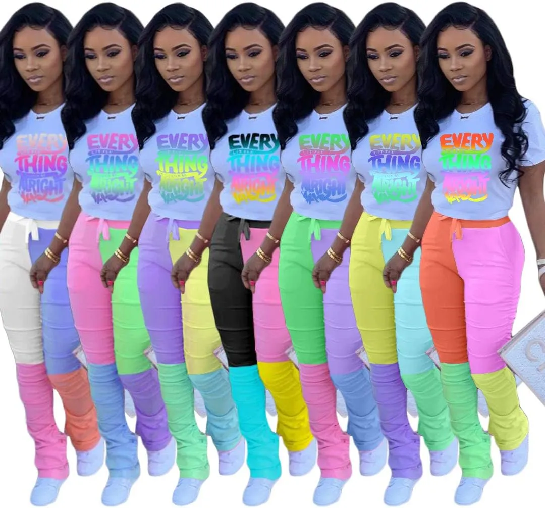 Casual 2 Piece Outfit Sets for Women Color Block Short Sleeve T-Shirts   Stacked Flare Pants Tracksuit Sweatsuit