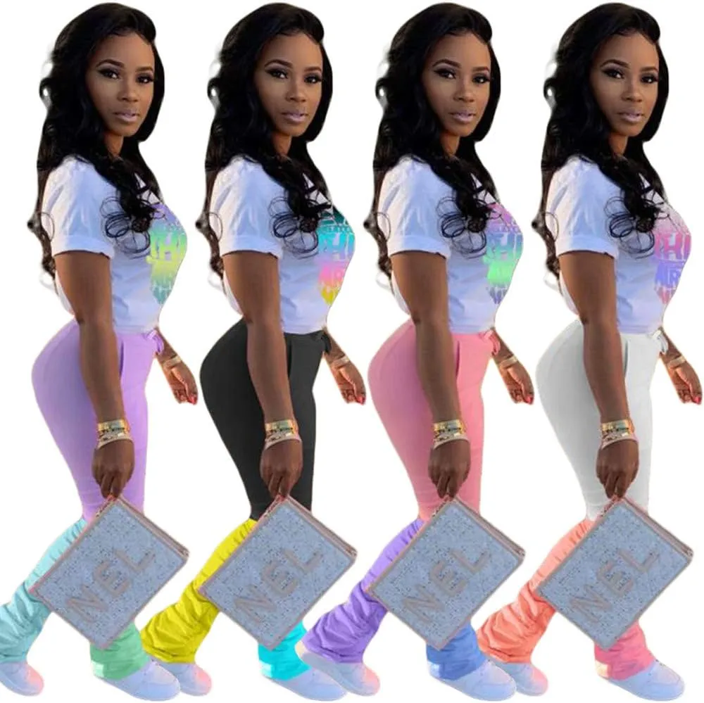 Casual 2 Piece Outfit Sets for Women Color Block Short Sleeve T-Shirts   Stacked Flare Pants Tracksuit Sweatsuit