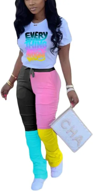 Casual 2 Piece Outfit Sets for Women Color Block Short Sleeve T-Shirts   Stacked Flare Pants Tracksuit Sweatsuit