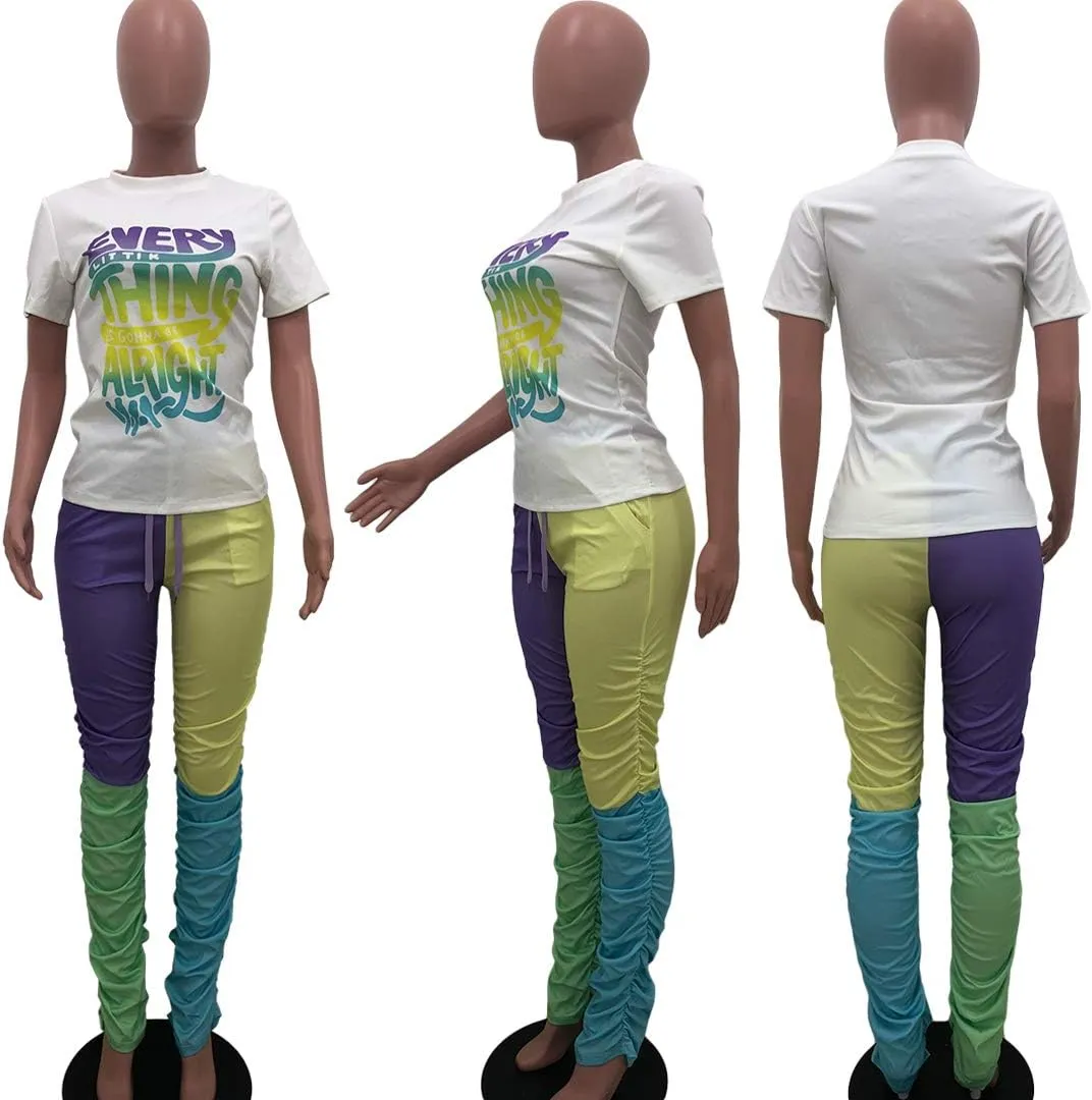 Casual 2 Piece Outfit Sets for Women Color Block Short Sleeve T-Shirts   Stacked Flare Pants Tracksuit Sweatsuit
