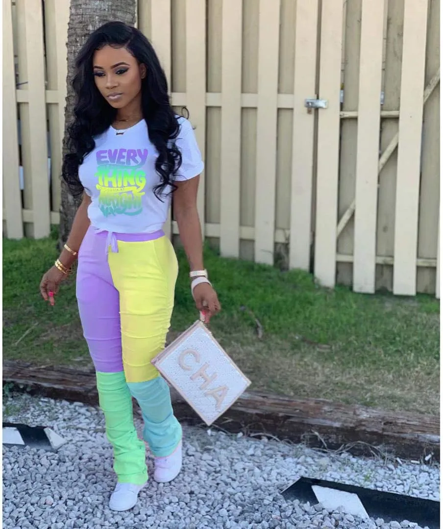 Casual 2 Piece Outfit Sets for Women Color Block Short Sleeve T-Shirts   Stacked Flare Pants Tracksuit Sweatsuit