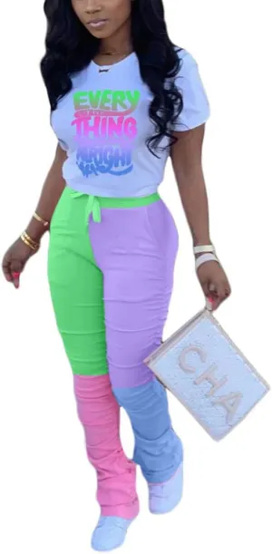 Casual 2 Piece Outfit Sets for Women Color Block Short Sleeve T-Shirts   Stacked Flare Pants Tracksuit Sweatsuit