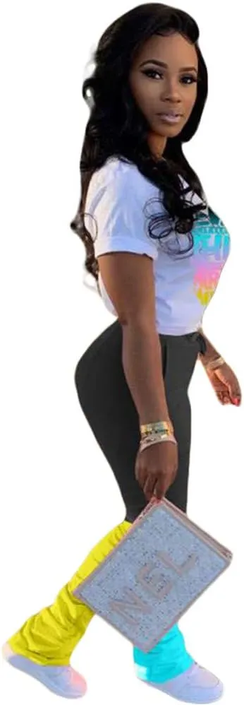 Casual 2 Piece Outfit Sets for Women Color Block Short Sleeve T-Shirts   Stacked Flare Pants Tracksuit Sweatsuit