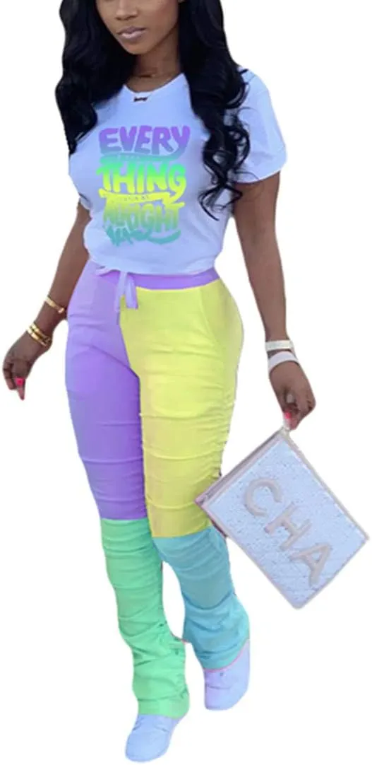 Casual 2 Piece Outfit Sets for Women Color Block Short Sleeve T-Shirts   Stacked Flare Pants Tracksuit Sweatsuit