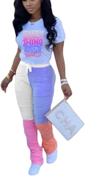 Casual 2 Piece Outfit Sets for Women Color Block Short Sleeve T-Shirts   Stacked Flare Pants Tracksuit Sweatsuit