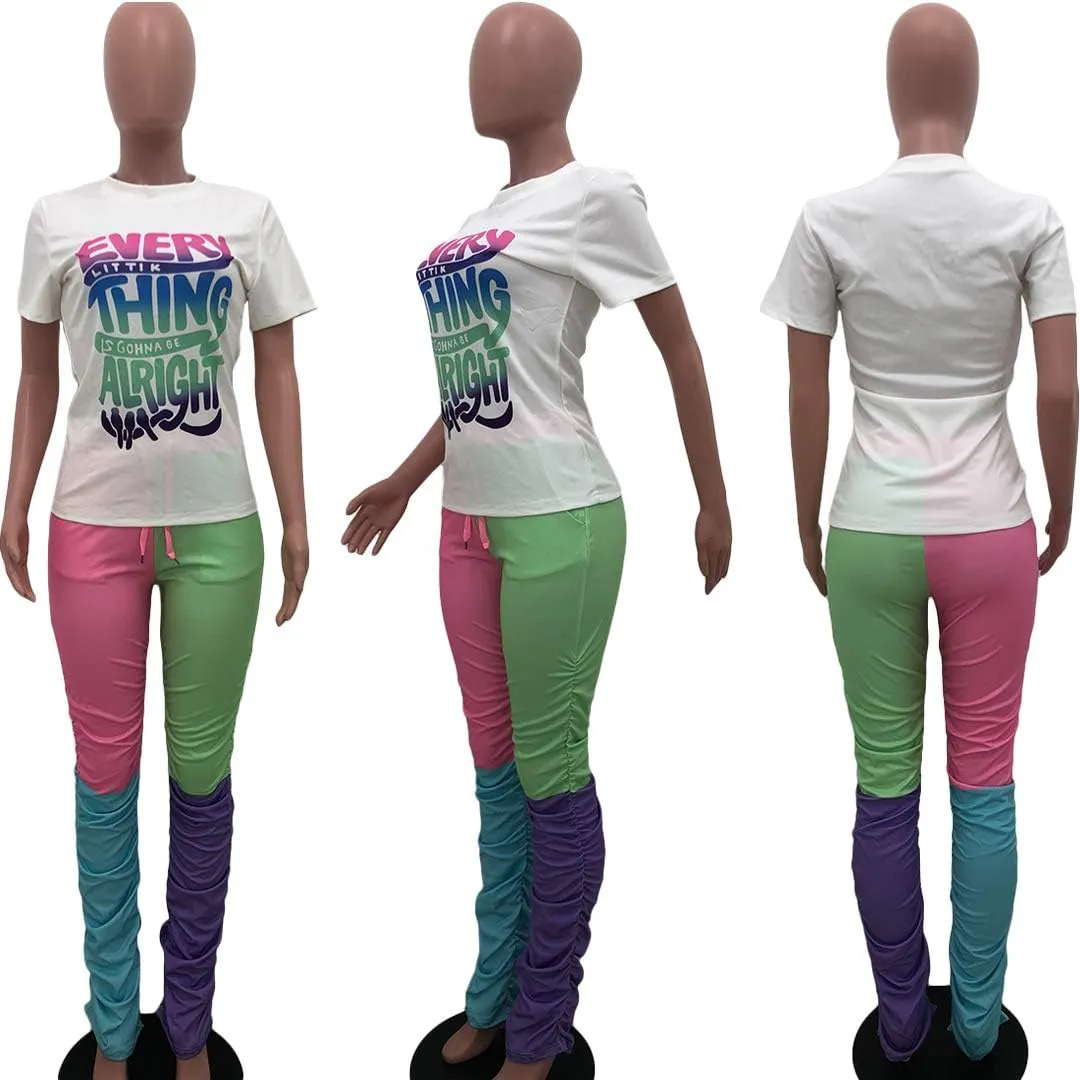 Casual 2 Piece Outfit Sets for Women Color Block Short Sleeve T-Shirts   Stacked Flare Pants Tracksuit Sweatsuit