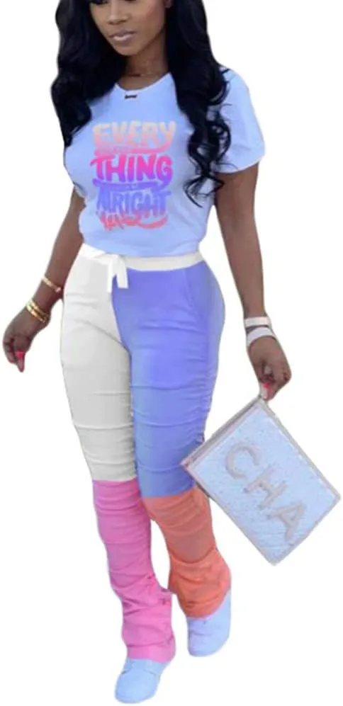 Casual 2 Piece Outfit Sets for Women Color Block Short Sleeve T-Shirts   Stacked Flare Pants Tracksuit Sweatsuit