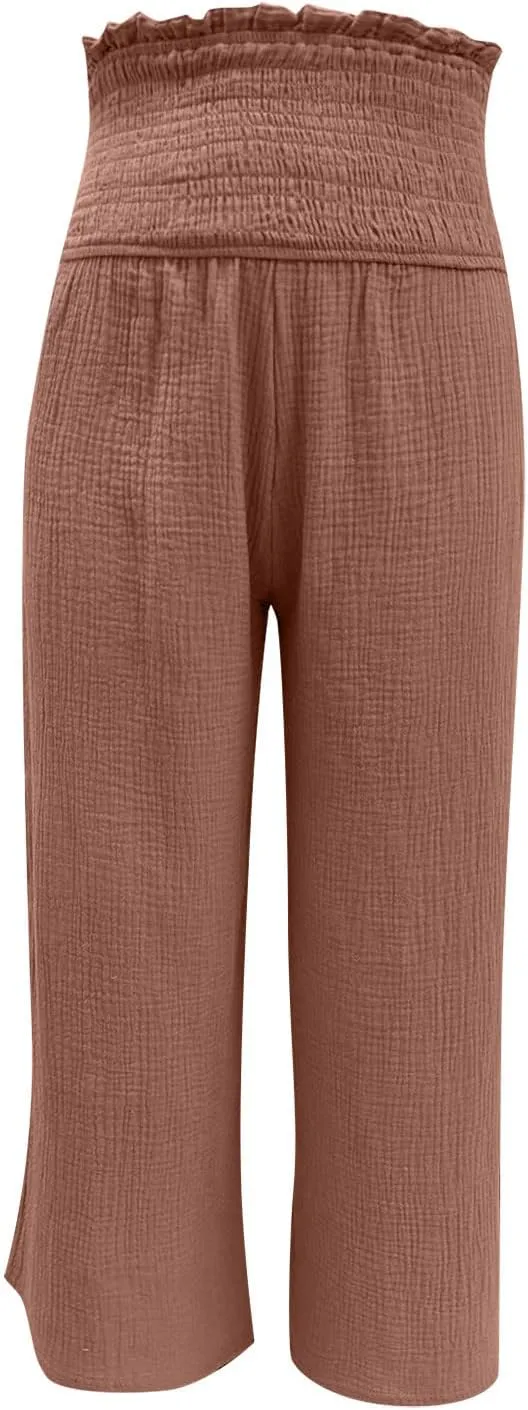 Ceboyel Wide Leg Palazzo Pants for Women High Waist Gaucho Pants Elastic Flowy Culottes Summer Beach Trousers 2023