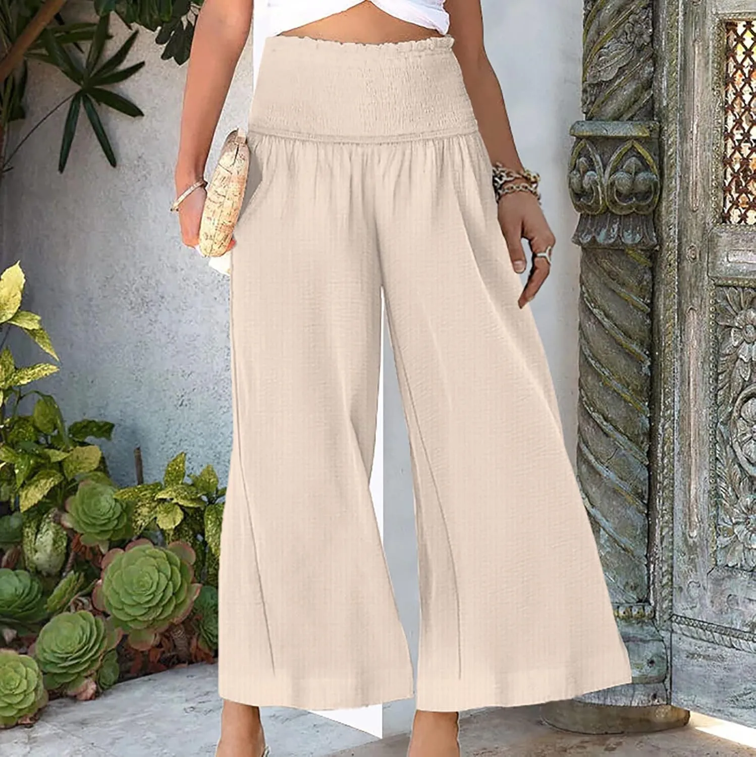 Ceboyel Wide Leg Palazzo Pants for Women High Waist Gaucho Pants Elastic Flowy Culottes Summer Beach Trousers 2023