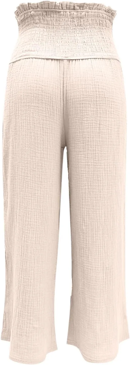 Ceboyel Wide Leg Palazzo Pants for Women High Waist Gaucho Pants Elastic Flowy Culottes Summer Beach Trousers 2023