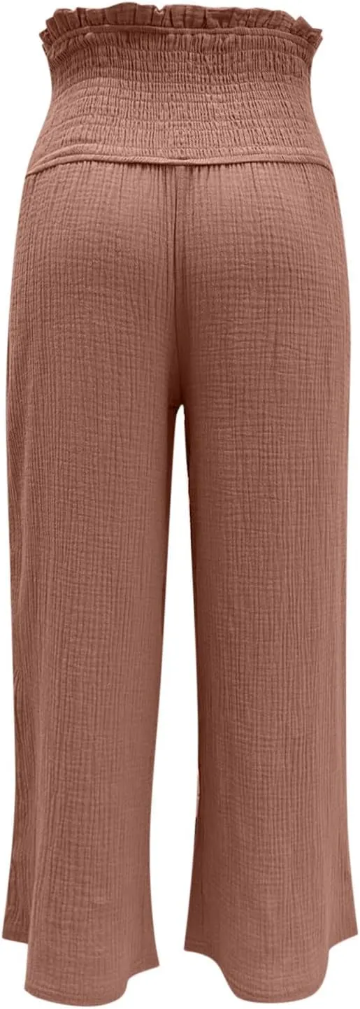 Ceboyel Wide Leg Palazzo Pants for Women High Waist Gaucho Pants Elastic Flowy Culottes Summer Beach Trousers 2023