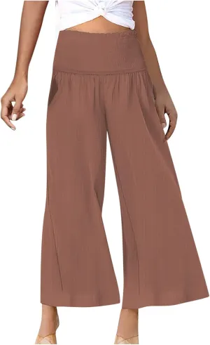 Ceboyel Wide Leg Palazzo Pants for Women High Waist Gaucho Pants Elastic Flowy Culottes Summer Beach Trousers 2023