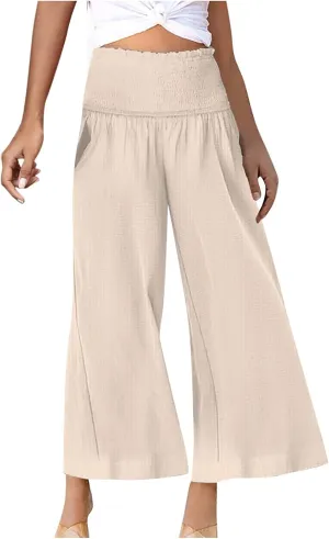 Ceboyel Wide Leg Palazzo Pants for Women High Waist Gaucho Pants Elastic Flowy Culottes Summer Beach Trousers 2023
