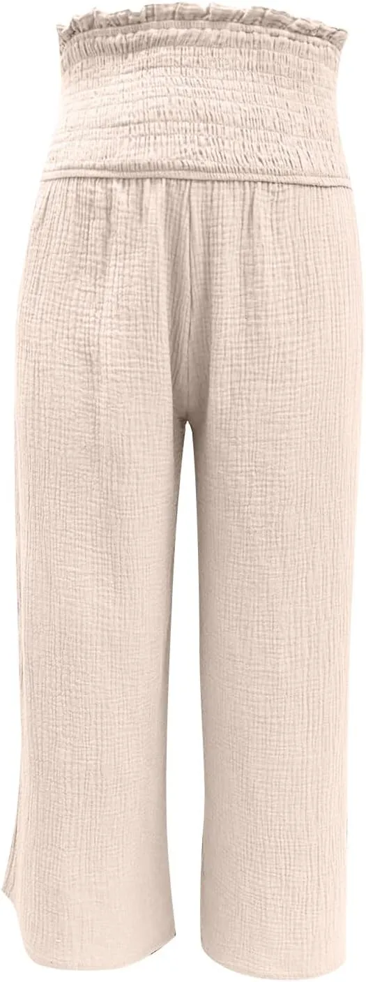Ceboyel Wide Leg Palazzo Pants for Women High Waist Gaucho Pants Elastic Flowy Culottes Summer Beach Trousers 2023