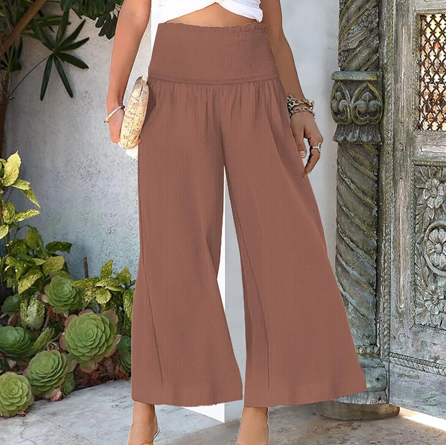 Ceboyel Wide Leg Palazzo Pants for Women High Waist Gaucho Pants Elastic Flowy Culottes Summer Beach Trousers 2023