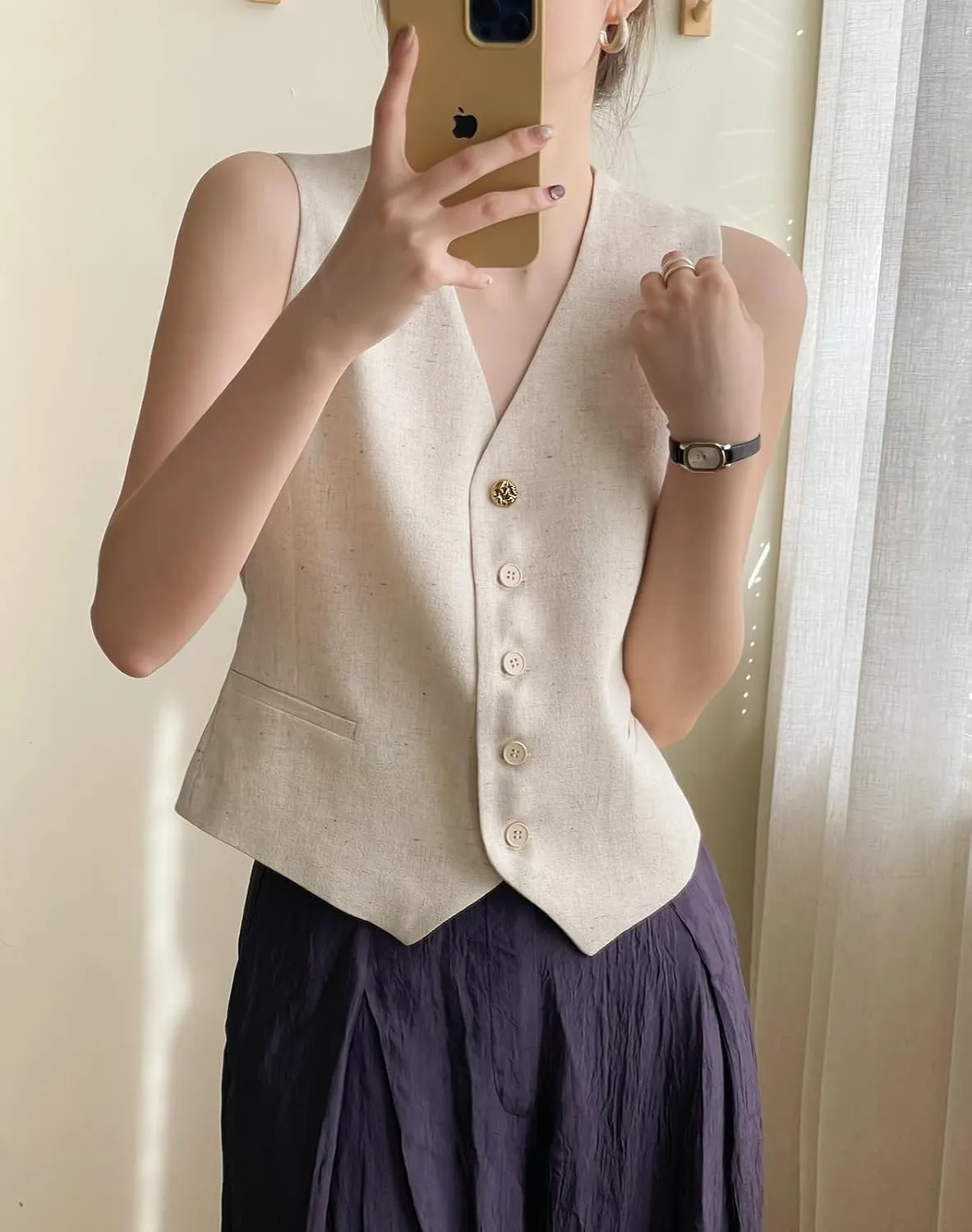 Ceehuteey Women's Linen Suit Vests V-Neck Single Breasted Elegant Waistcoat Business Outfits Top
