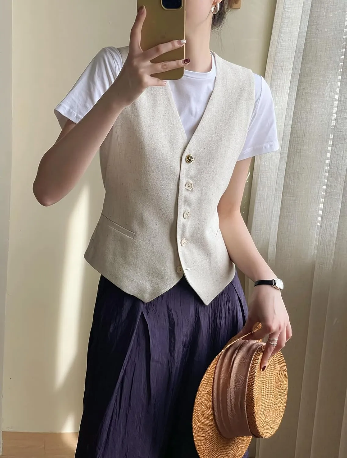 Ceehuteey Women's Linen Suit Vests V-Neck Single Breasted Elegant Waistcoat Business Outfits Top