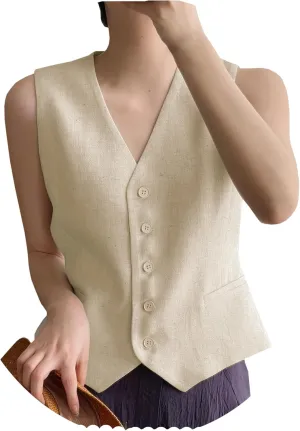 Ceehuteey Women's Linen Suit Vests V-Neck Single Breasted Elegant Waistcoat Business Outfits Top