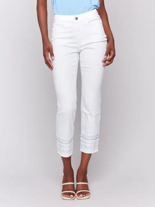 Charlie B White Embroidery Hem Ringspun Stretch Denim Pants