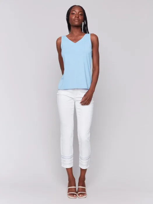 Charlie B White Embroidery Hem Ringspun Stretch Denim Pants